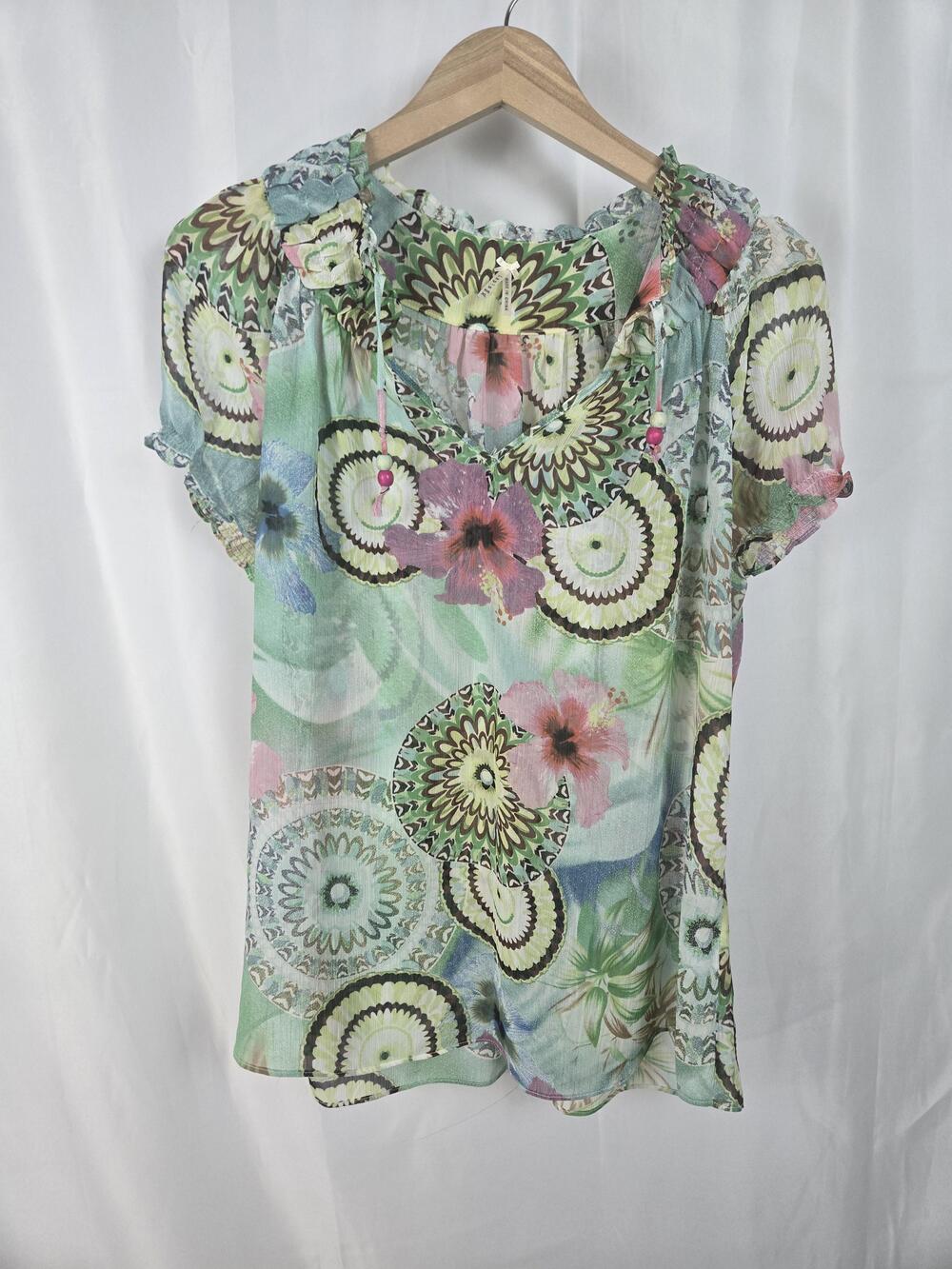 Lapis Blouse Womens XL Multicolor Floral Sheer Ruffle V Neck Short Sleeve Top